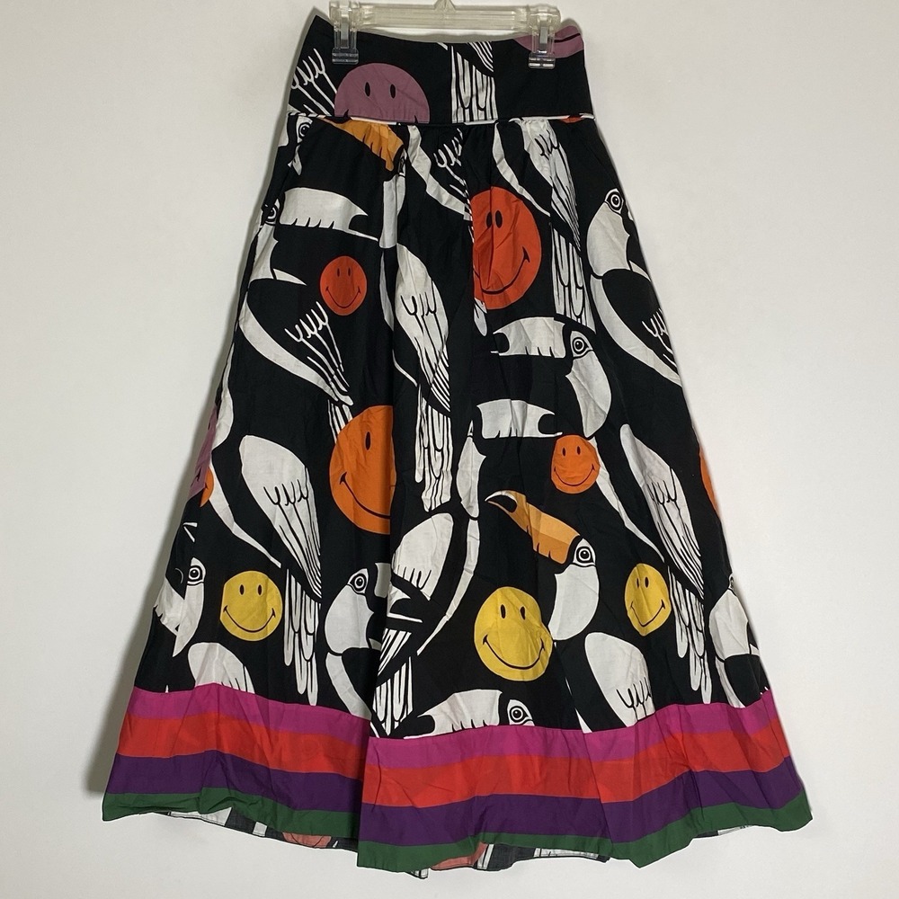 Farm Rio & Smiley Skirt Womens XS Multicolor Smiley Toucans Flowey Boho A-Line